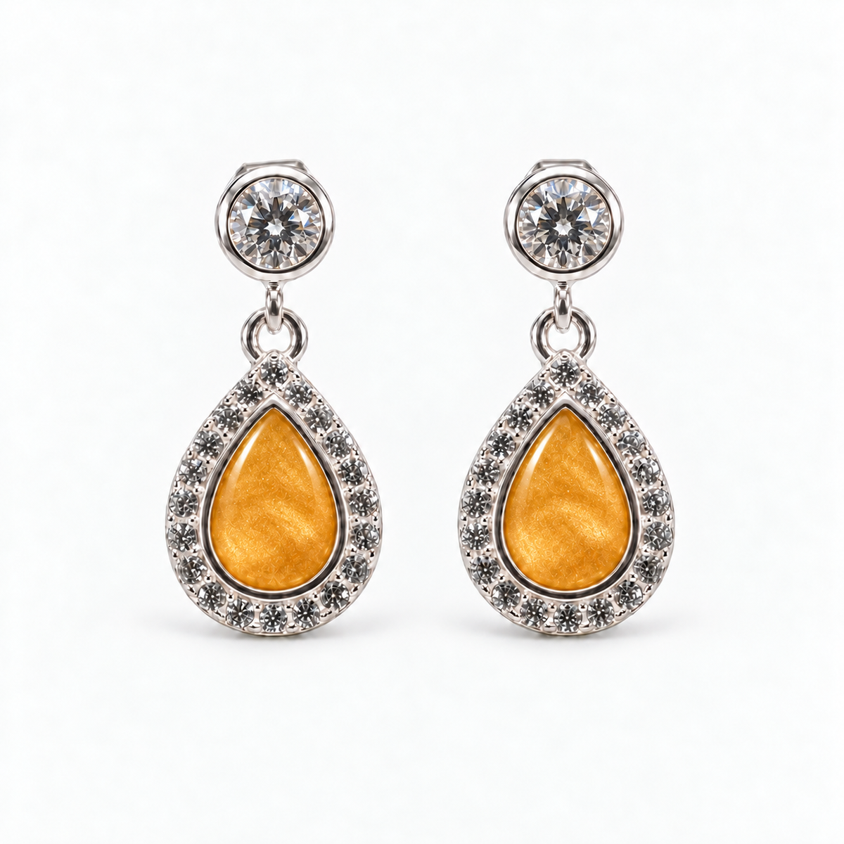 crystal halo teardrop ashes earrings — Amber, hidden ashes