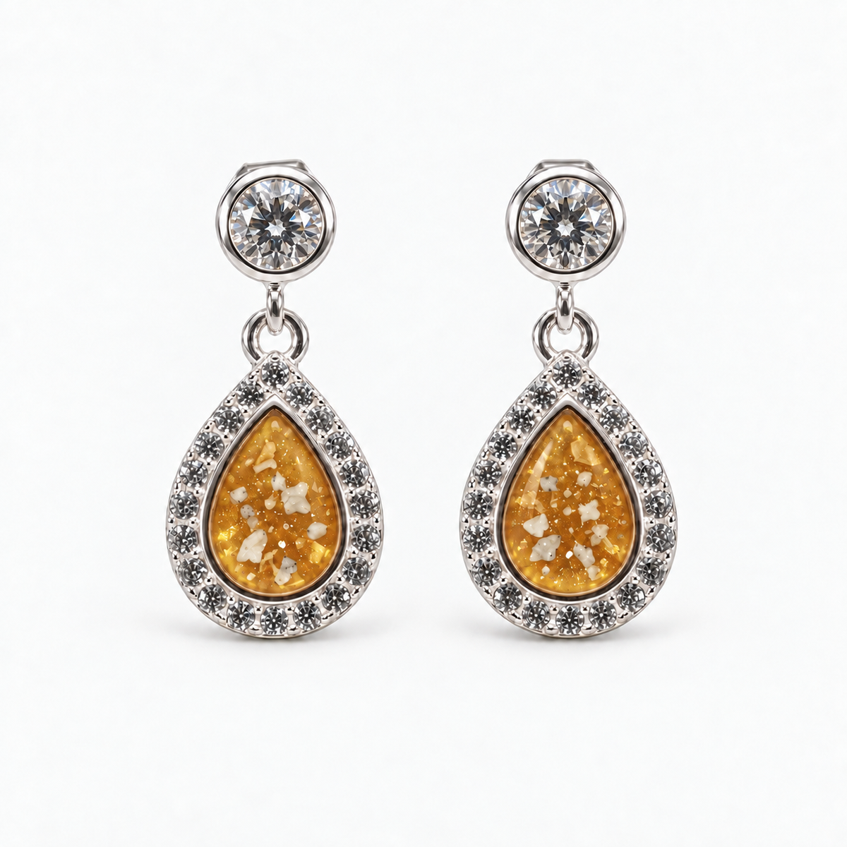 crystal halo teardrop ashes earrings — Amber, visible ashes