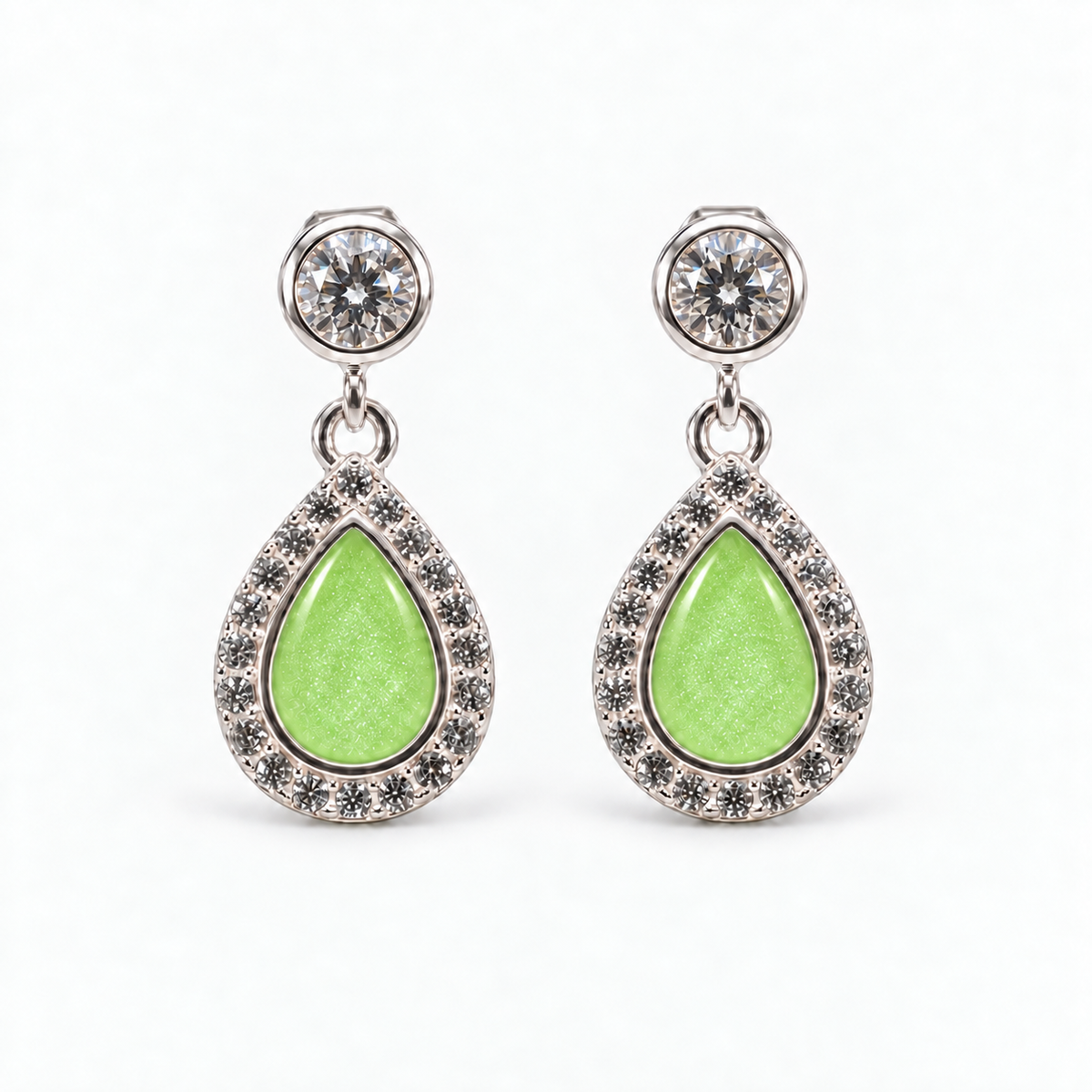 crystal halo teardrop ashes earrings — Apple Green, hidden ashes