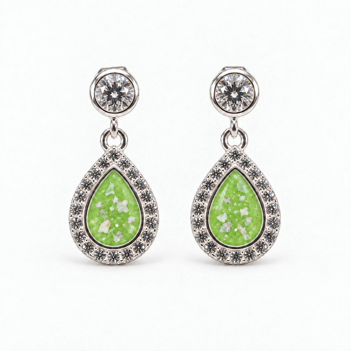 crystal halo teardrop ashes earrings — Apple Green, visible ashes