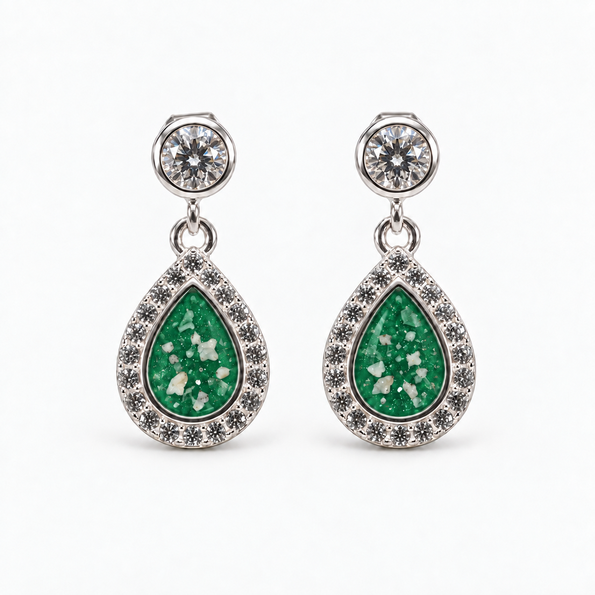 crystal halo teardrop ashes earrings — Emerald, visible ashes