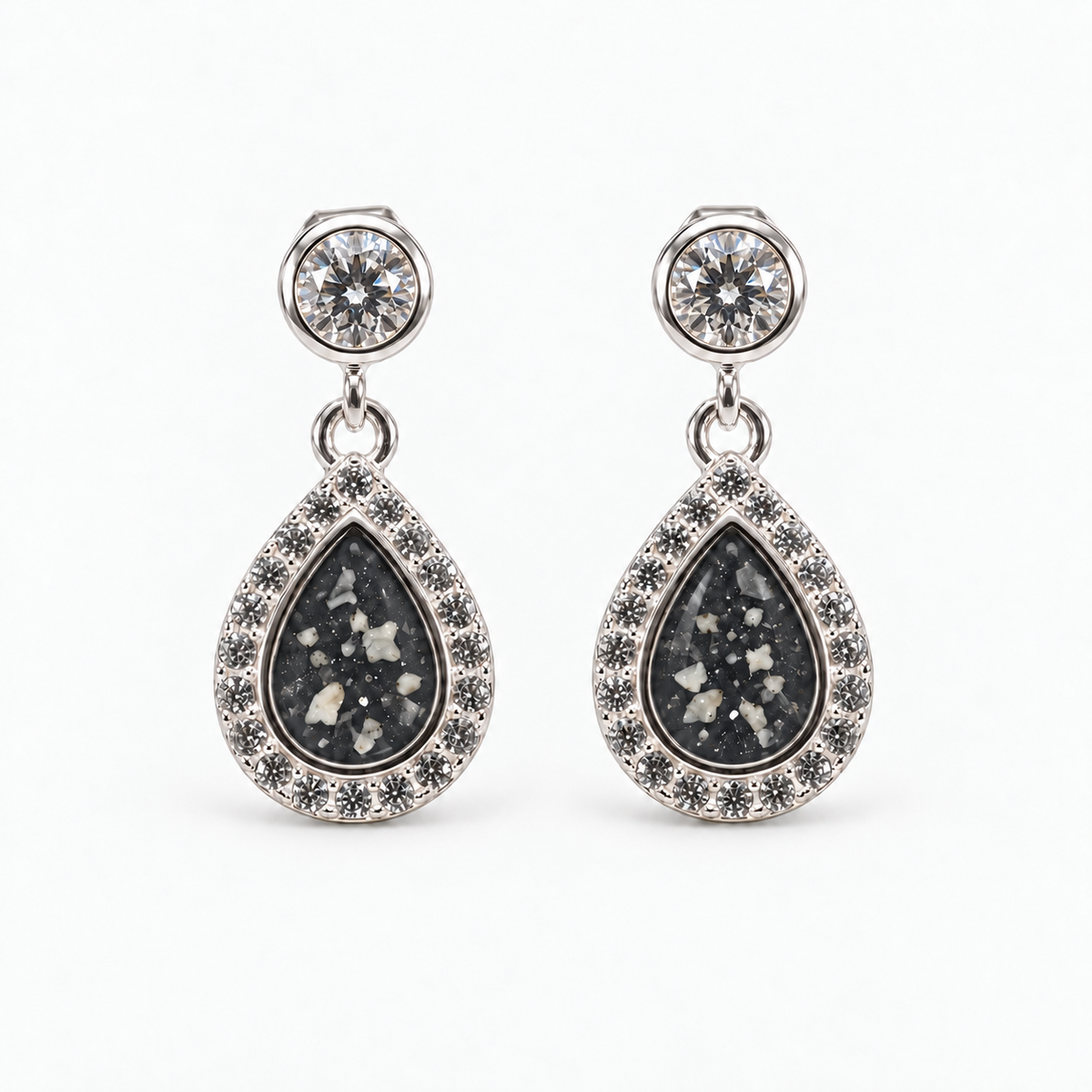 crystal halo teardrop ashes earrings — Midnight, visible ashes