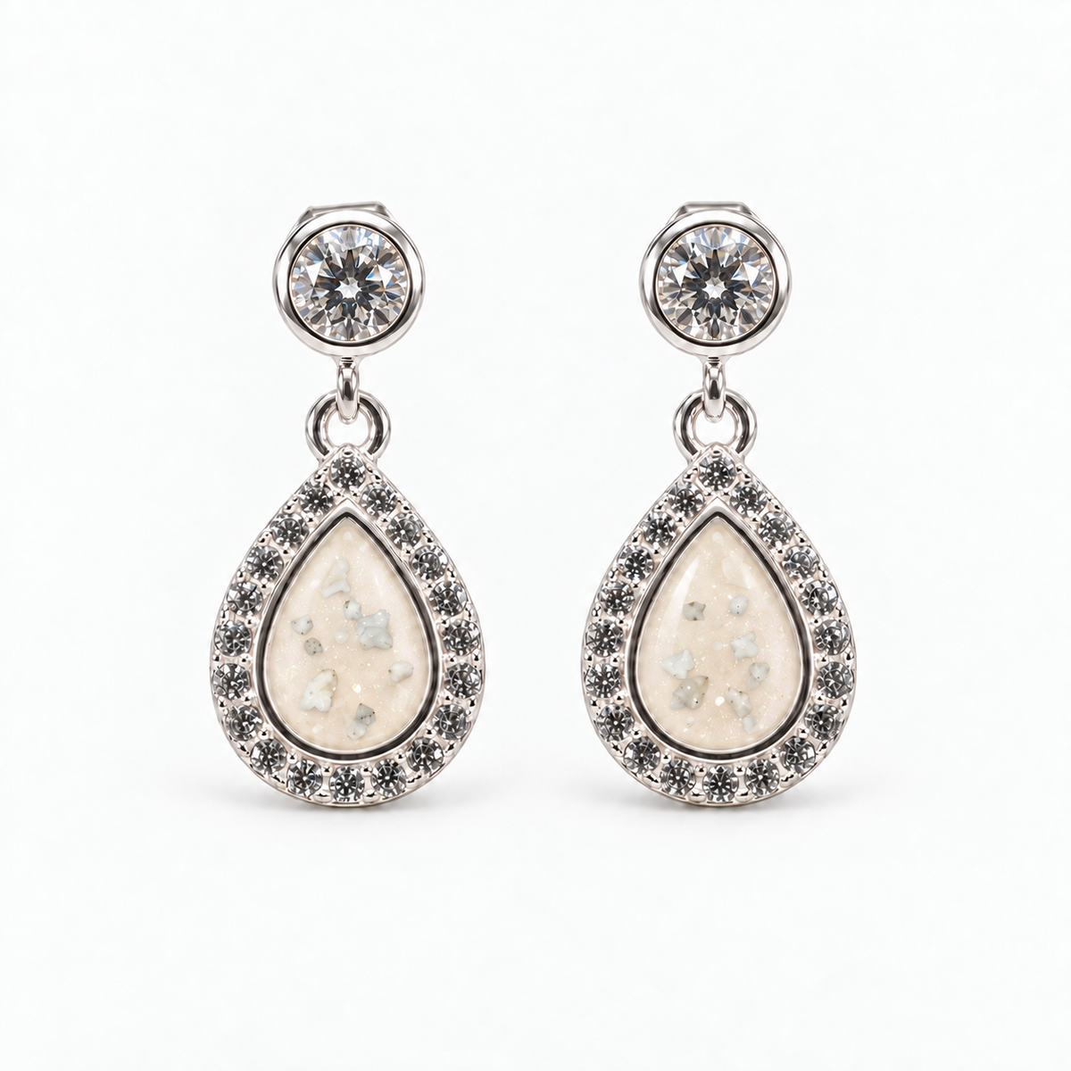 crystal halo teardrop ashes earrings — Pearl, visible ashes