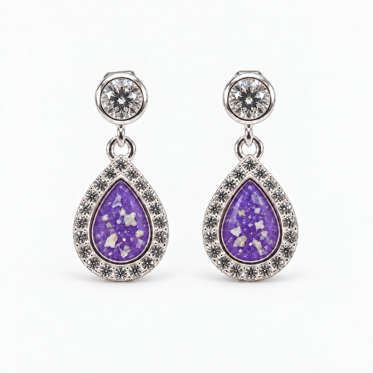 crystal halo teardrop ashes earrings — Purple, visible ashes