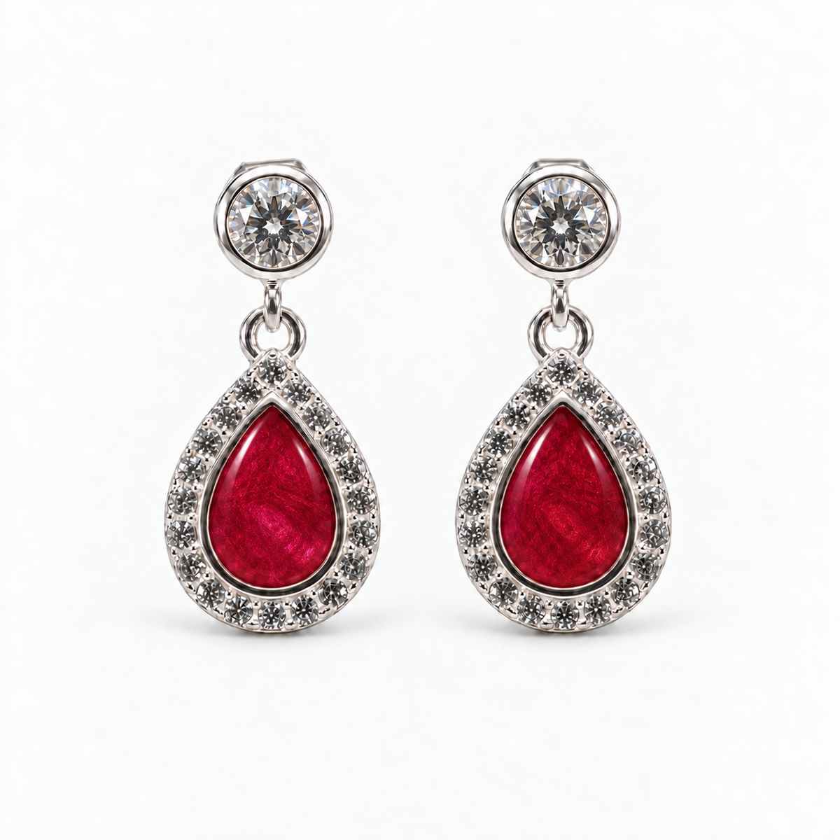 crystal halo teardrop ashes earrings — Ruby Red, hidden ashes