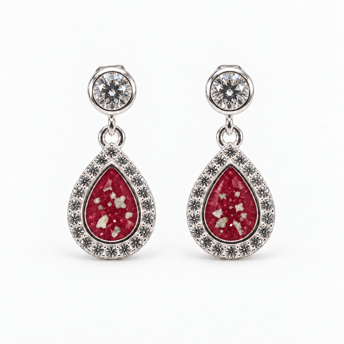 crystal halo teardrop ashes earrings — Ruby Red, visible ashes