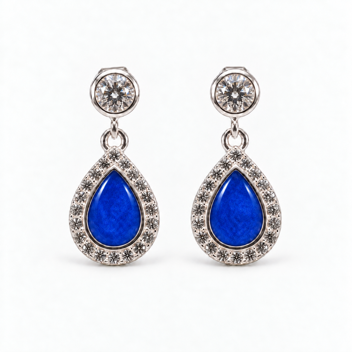 crystal halo teardrop ashes earrings — Sapphire, hidden ashes