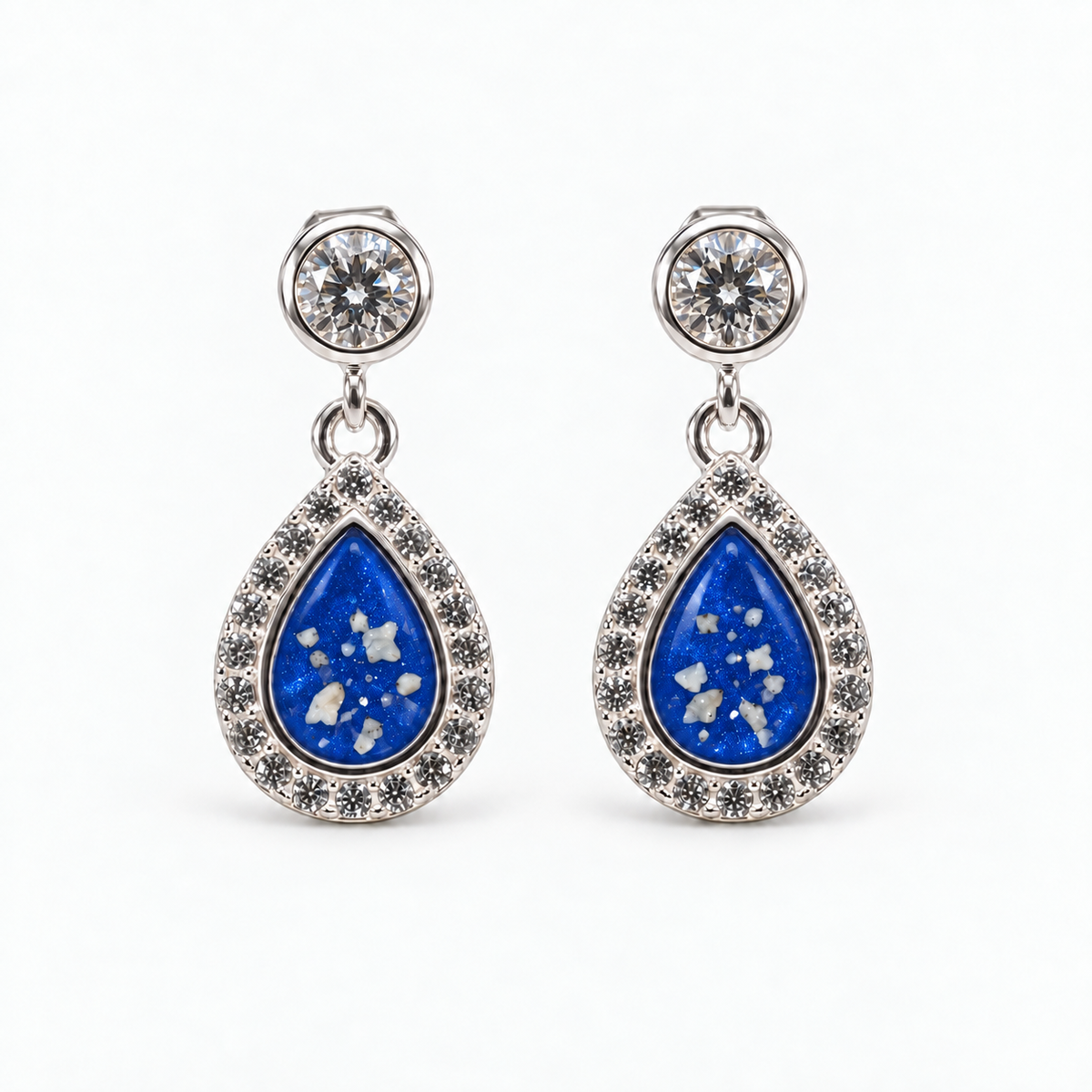 crystal halo teardrop ashes earrings — Sapphire, visible ashes