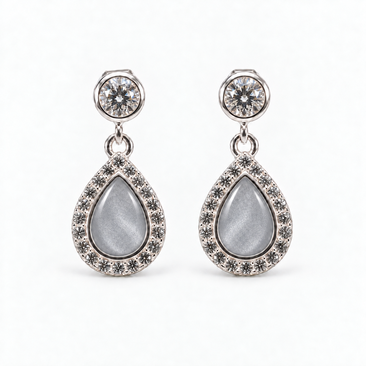 crystal halo teardrop ashes earrings — Silver, hidden ashes