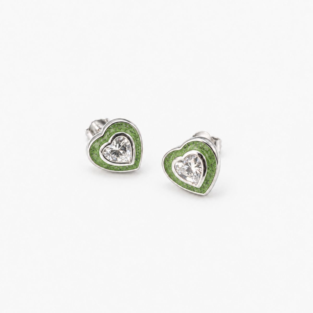 Crystal Heart Ashes Earrings — Apple Green, visible ashes