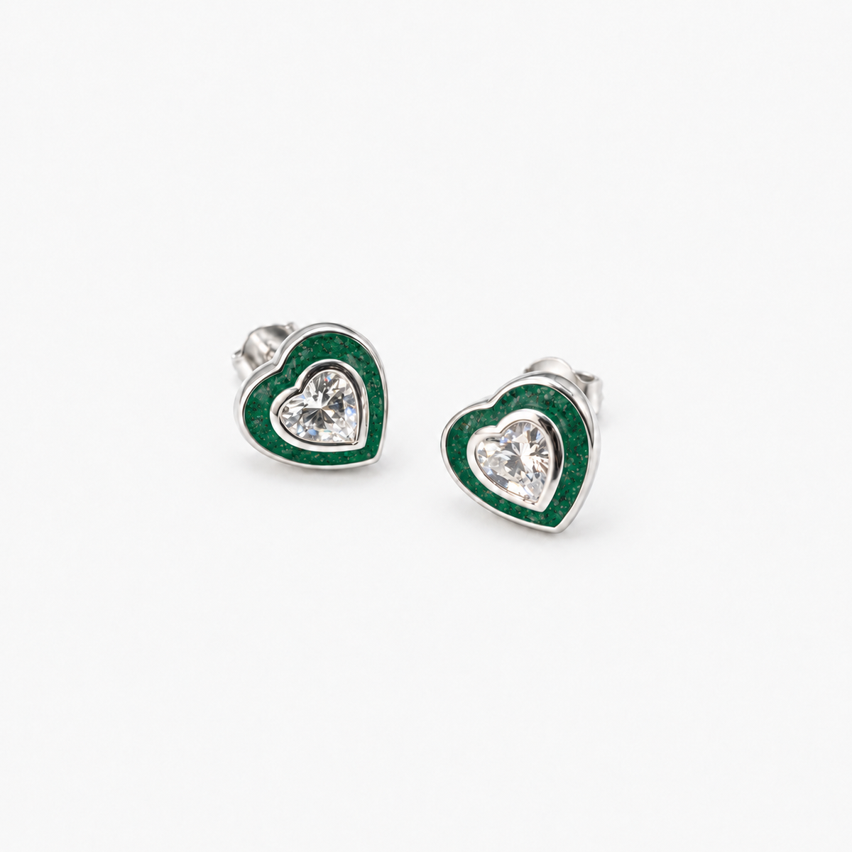 Crystal Heart Ashes Earrings — Emerald, visible ashes