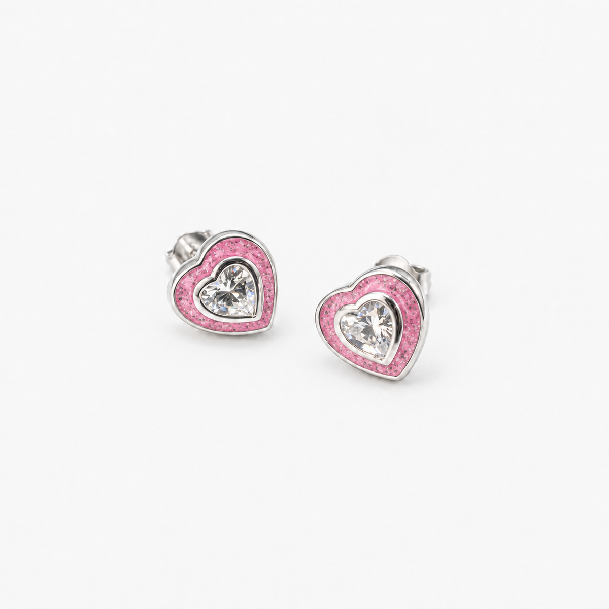 Crystal Heart Ashes Earrings — Pink, visible ashes