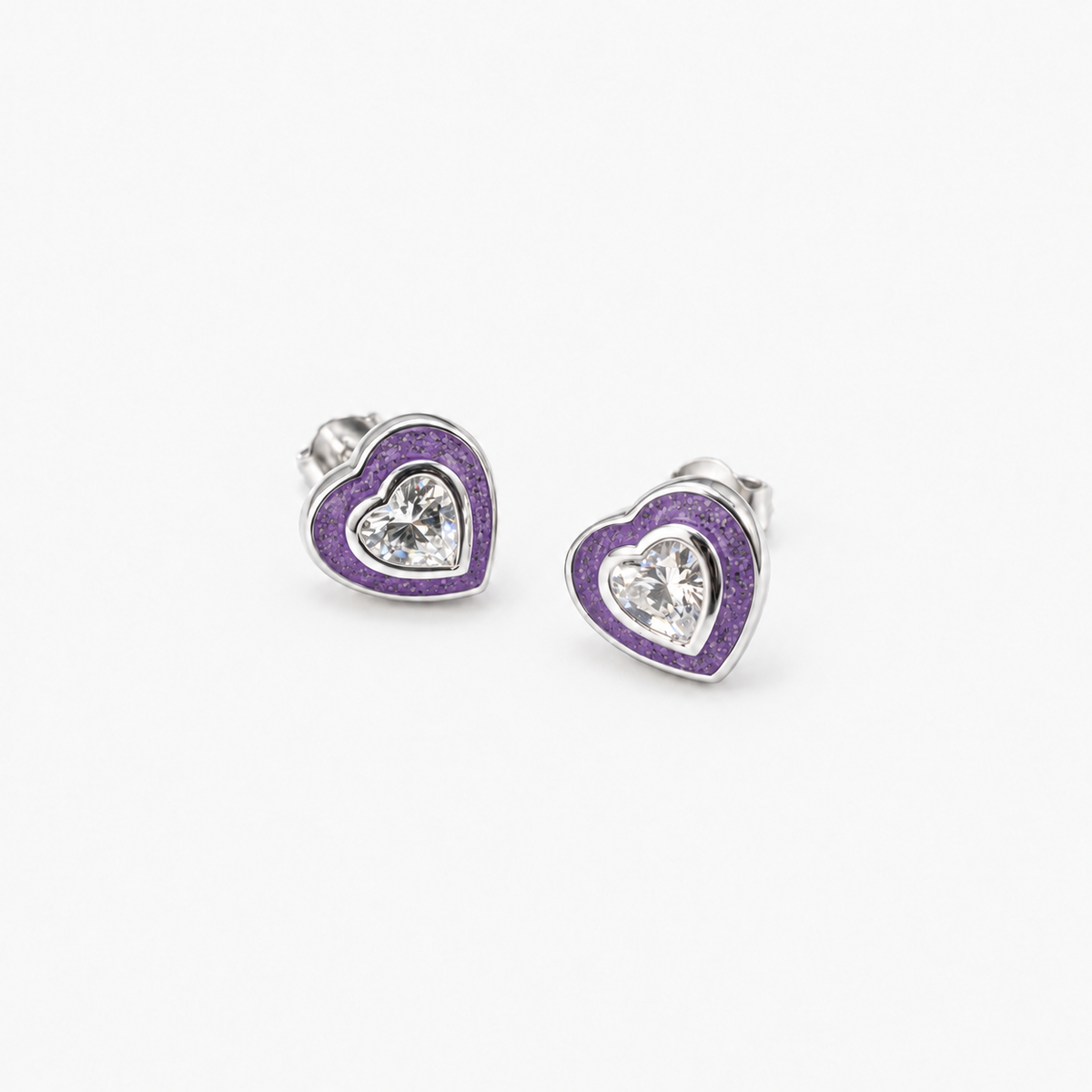 Crystal Heart Ashes Earrings — Purple, visible ashes
