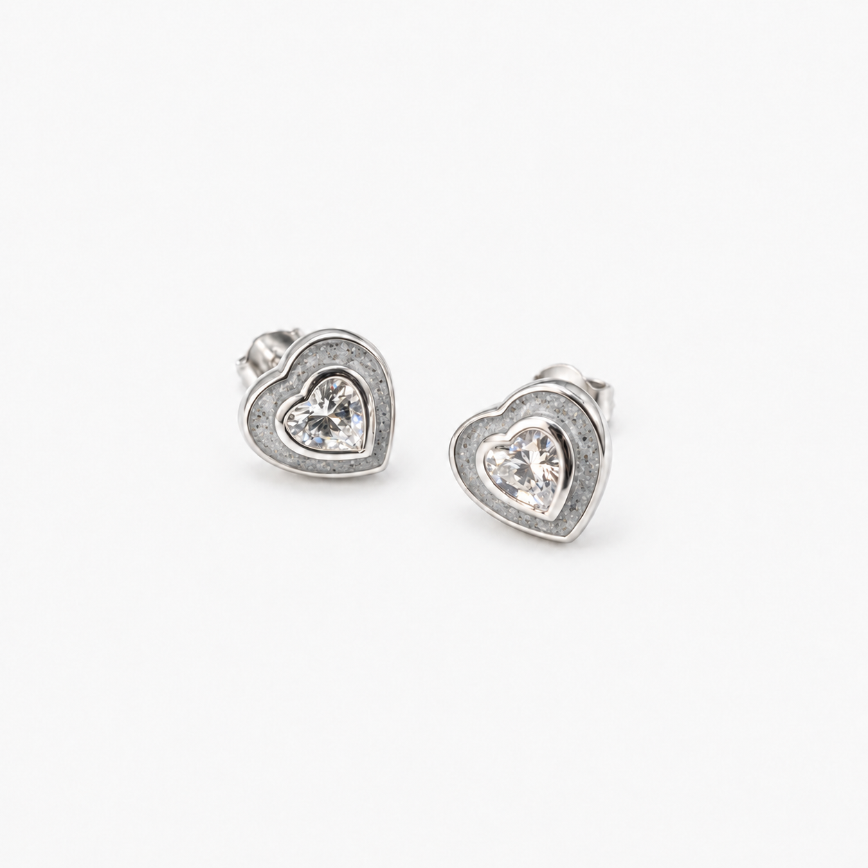 Crystal Heart Ashes Earrings — Silver, visible ashes