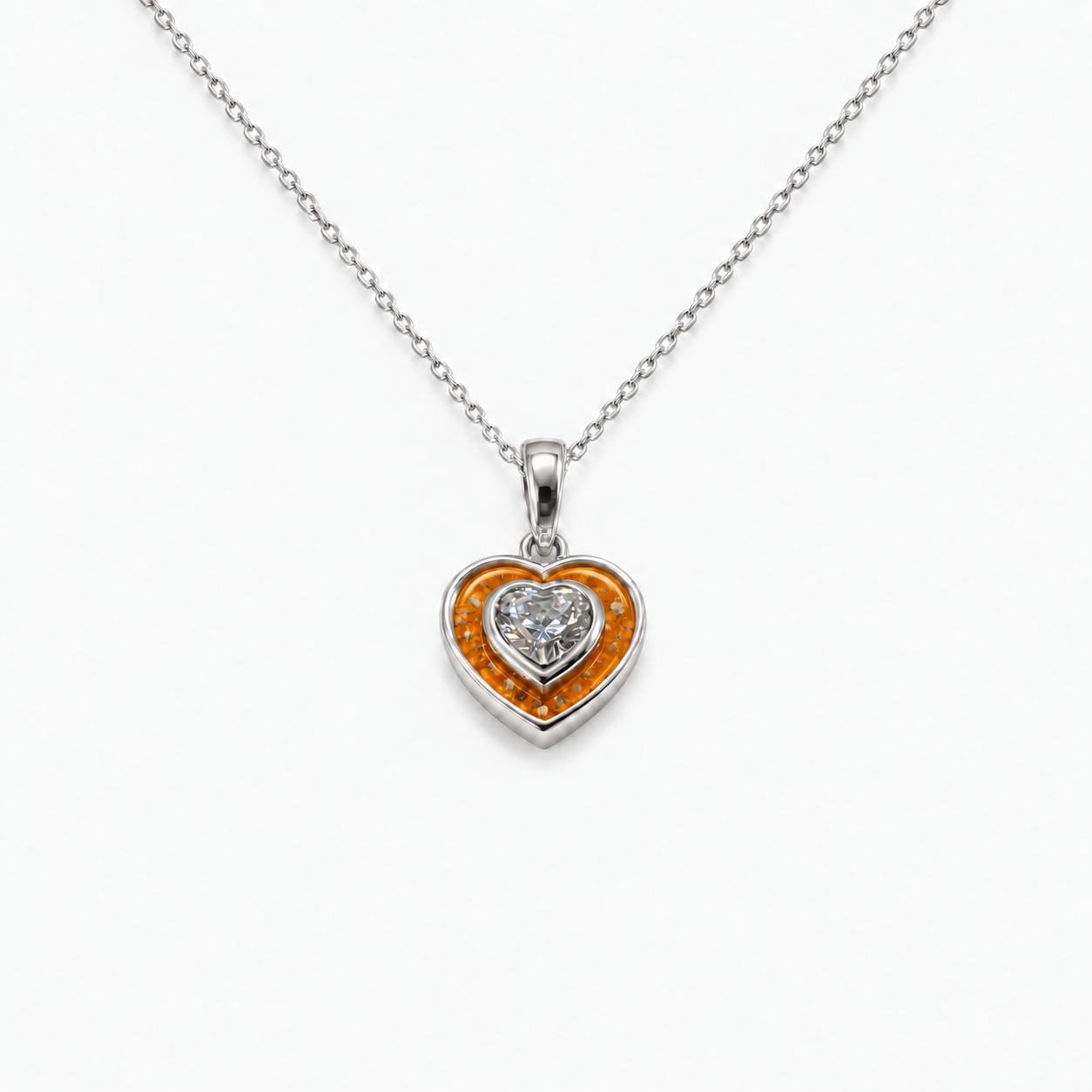 Crystal Heart Ashes Necklace — Amber, visible ashes