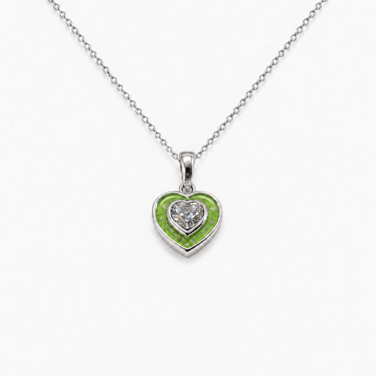 Crystal Heart Ashes Necklace — Apple Green, visible ashes
