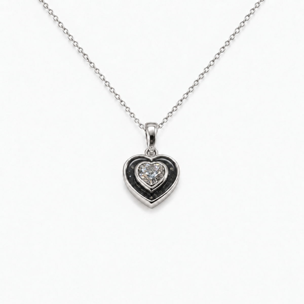 Crystal Heart Ashes Necklace — Midnight, visible ashes