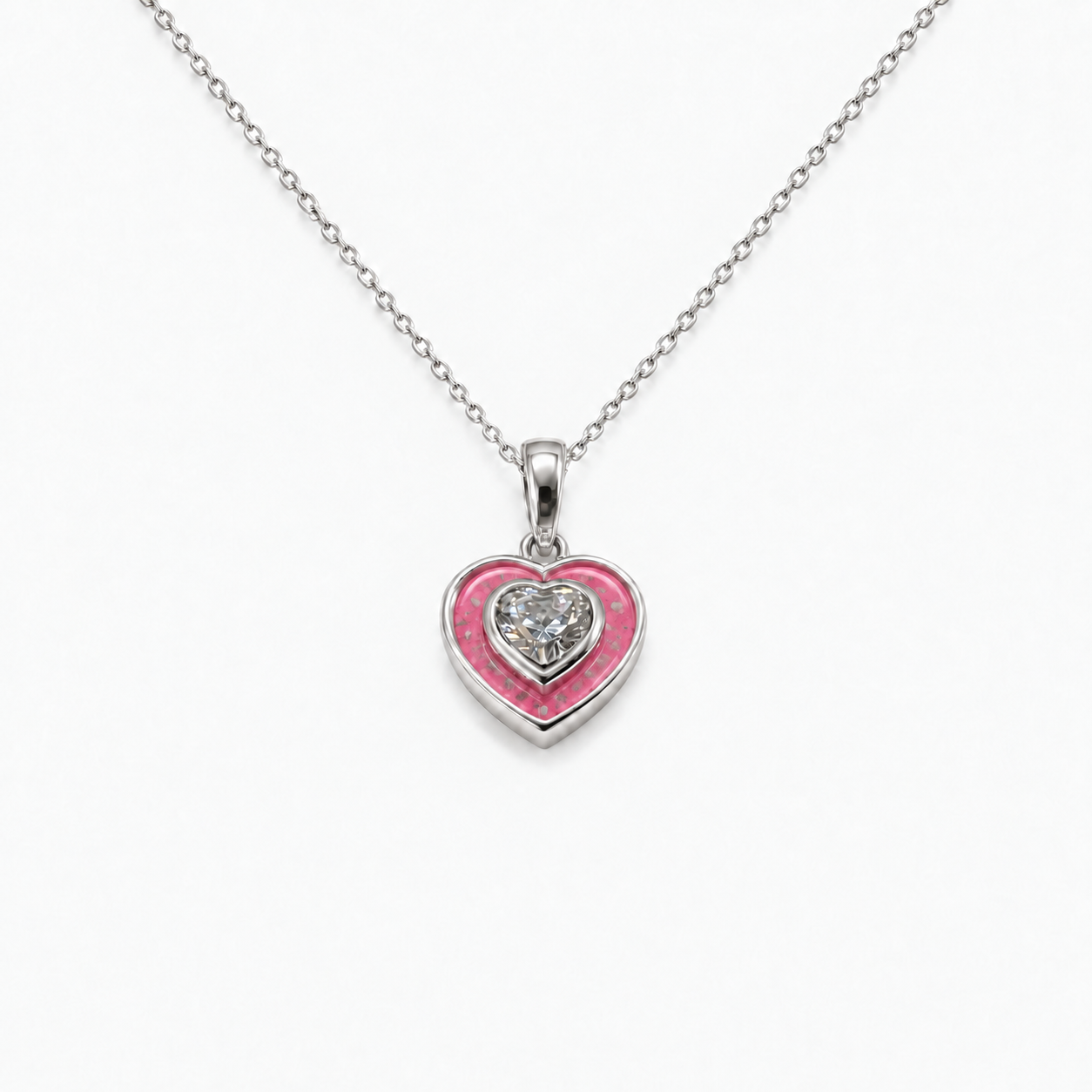 Crystal Heart Ashes Necklace — Pink, visible ashes