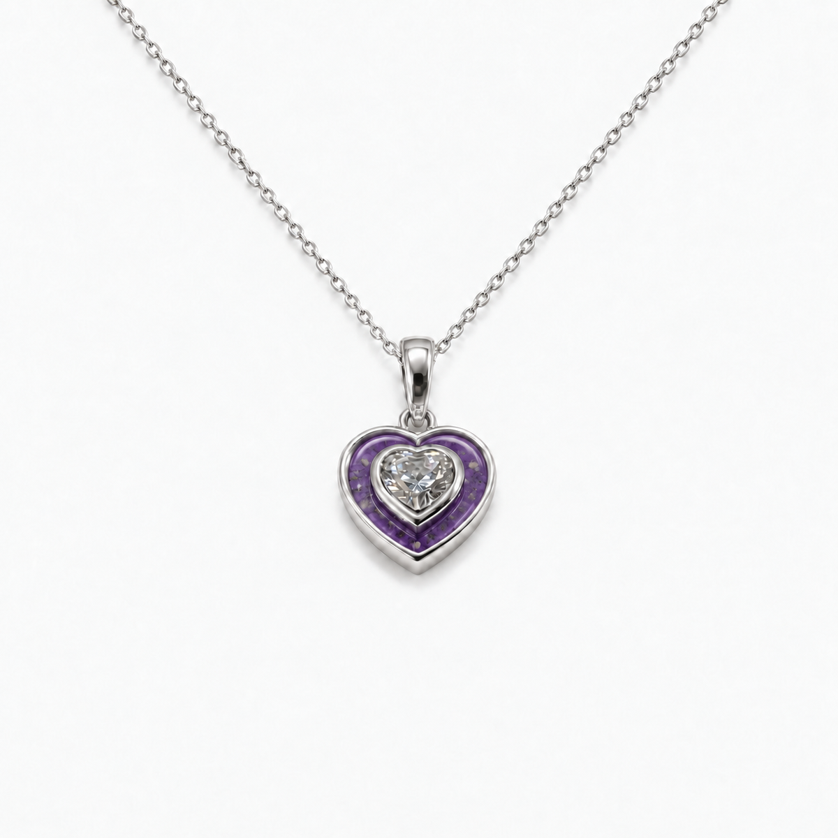 Crystal Heart Ashes Necklace — Purple, visible ashes