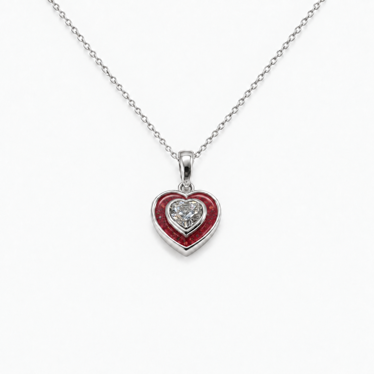 Crystal Heart Ashes Necklace — Ruby Red, visible ashes
