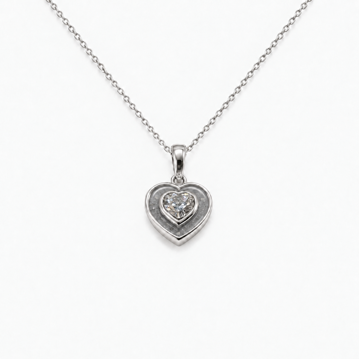 Crystal Heart Ashes Necklace — Silver, visible ashes