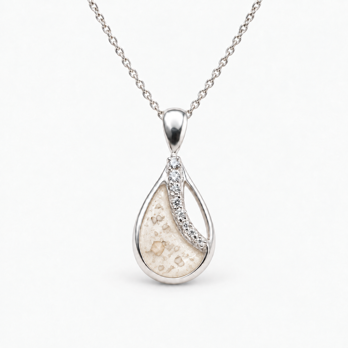 crystal sweep teardrop ashes necklace — Pearl, visible ashes