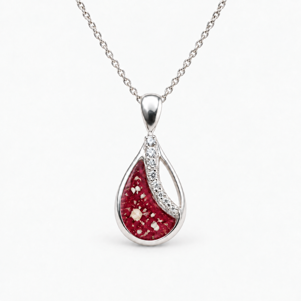 crystal sweep teardrop ashes necklace — Ruby Red, visible ashes