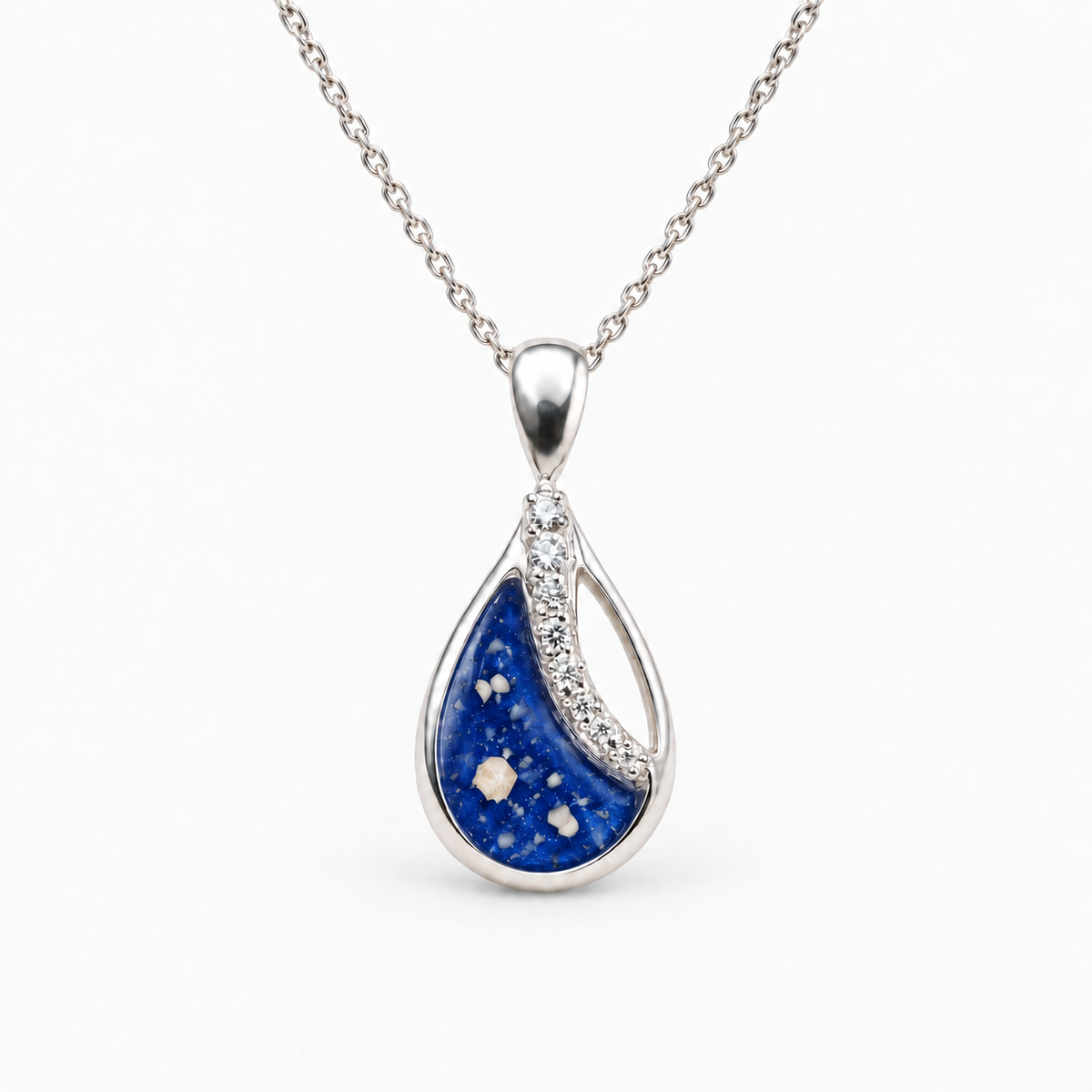 crystal sweep teardrop ashes necklace — Sapphire, visible ashes