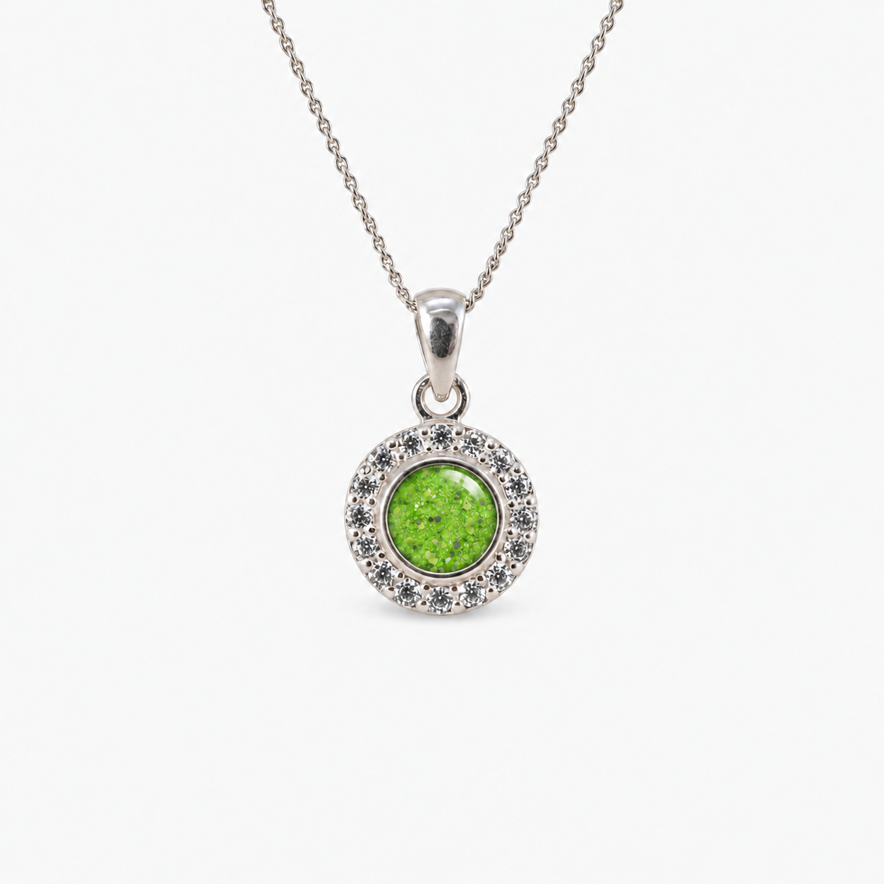 Dainty Halo Ashes Necklace in Apple Green with visible inclusions