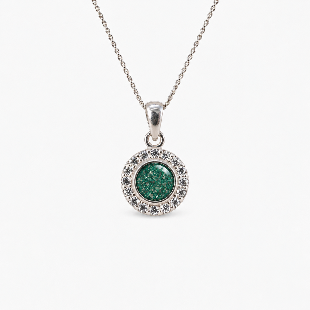Dainty Halo Ashes Necklace in Emerald with visible inclusions