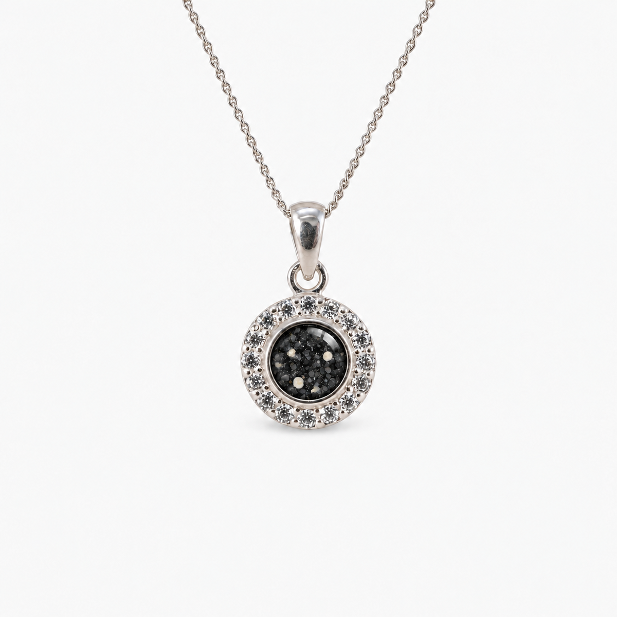 Dainty Halo Ashes Necklace in Midnight with visible inclusions