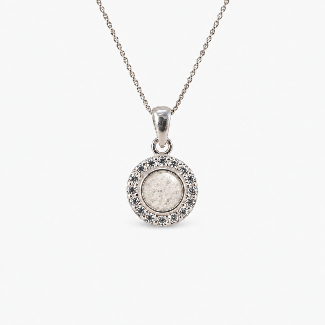 Dainty Halo Ashes Necklace in Pearl with visible inclusions