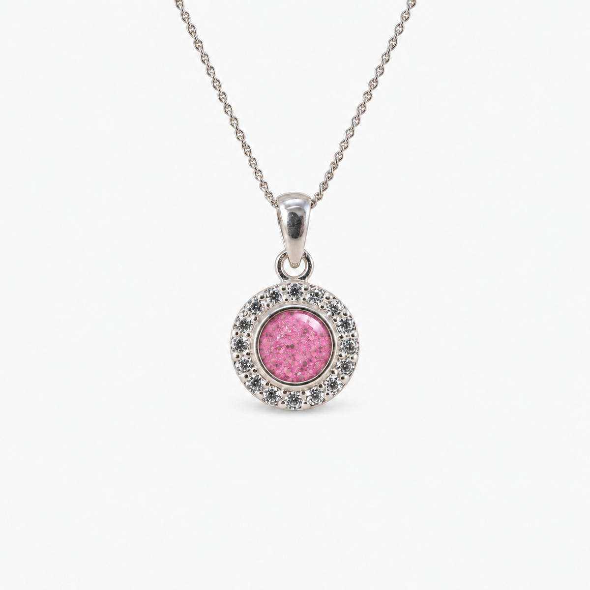Dainty Halo Ashes Necklace in Pink with visible inclusions