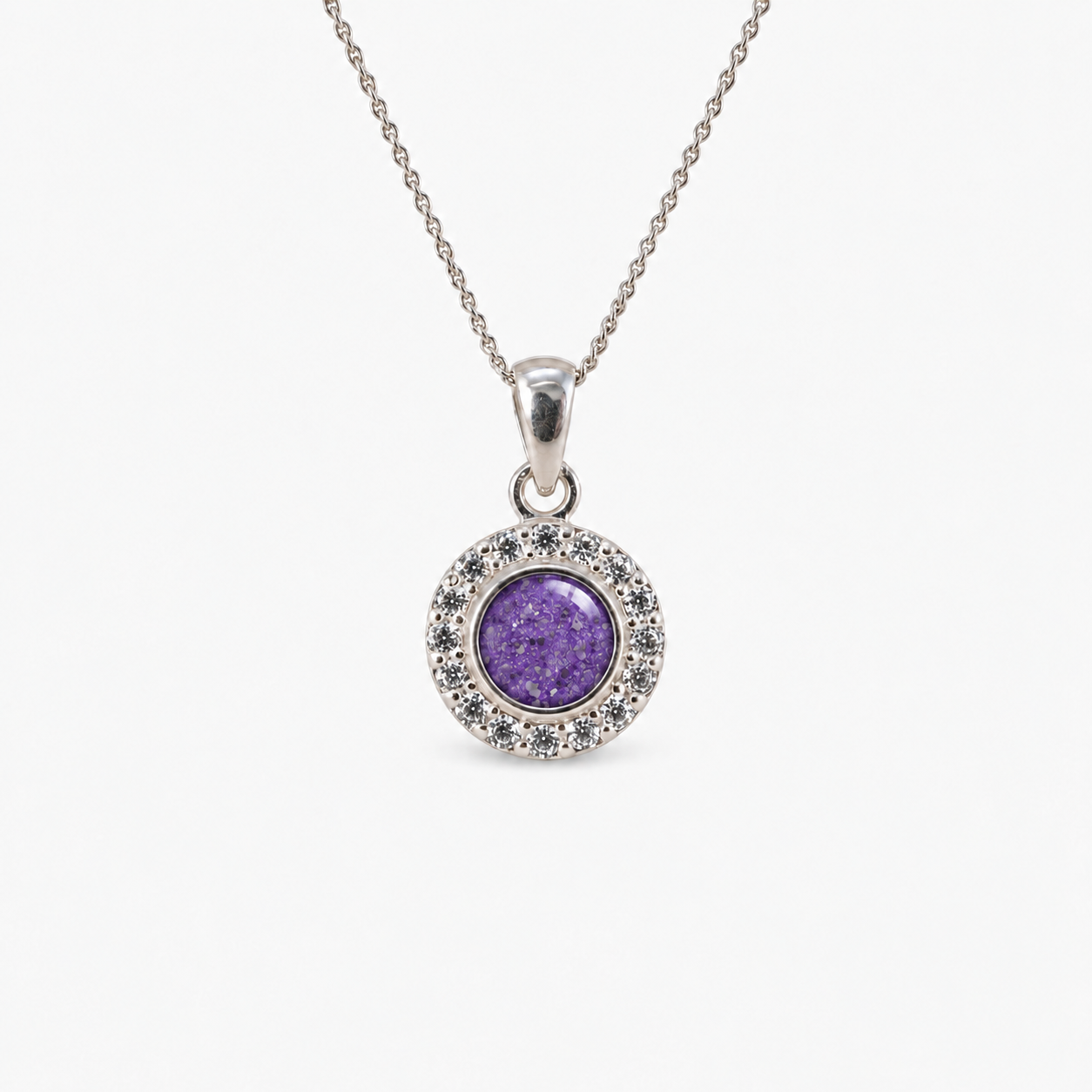 Dainty Halo Ashes Necklace in Purple with visible inclusions