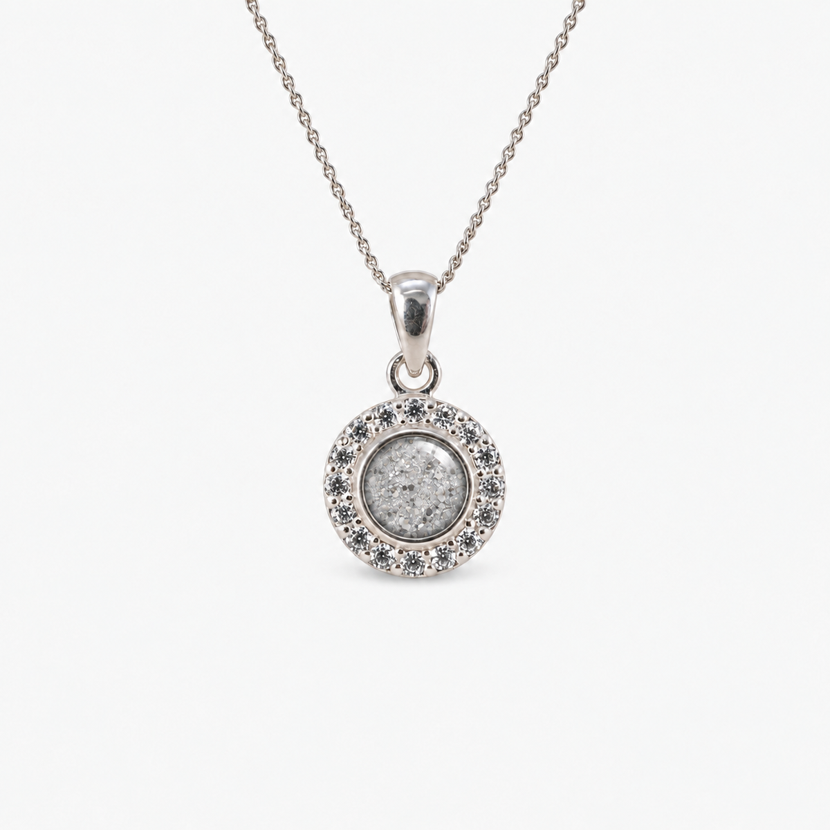 Dainty Halo Ashes Necklace in Silver with visible inclusions