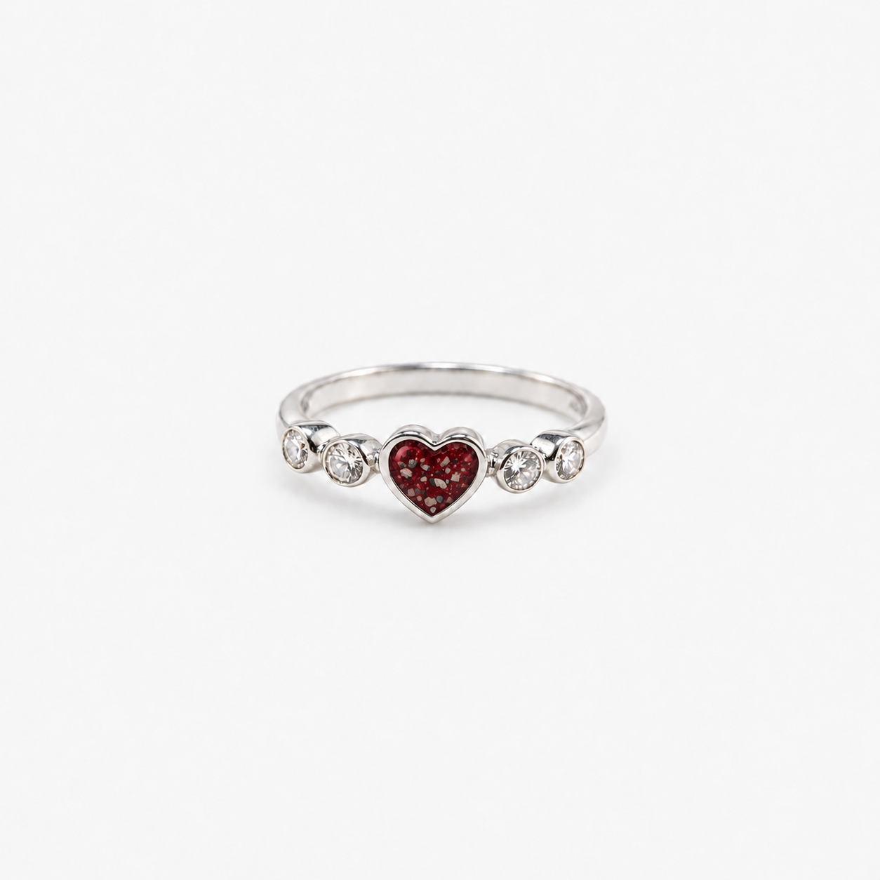 Dainty Heart Ashes Ring — Ruby Red, visible ashes