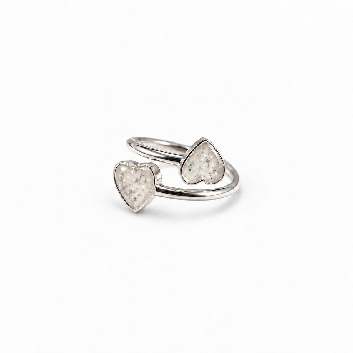 Double Heart Ashes Ring in Pearl with visible ashes