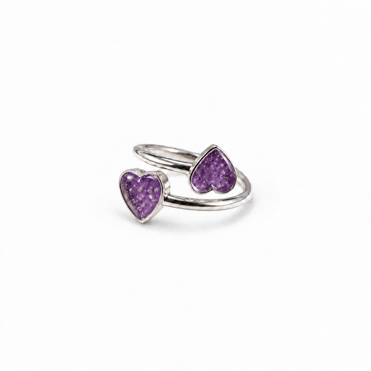 Double Heart Ashes Ring in Purple with visible ashes