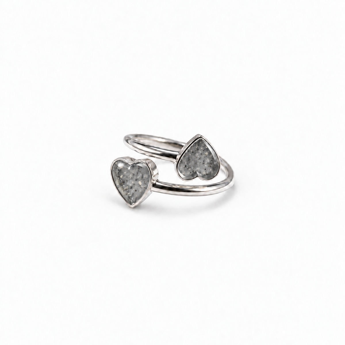 Double Heart Ashes Ring in Silver with visible ashes