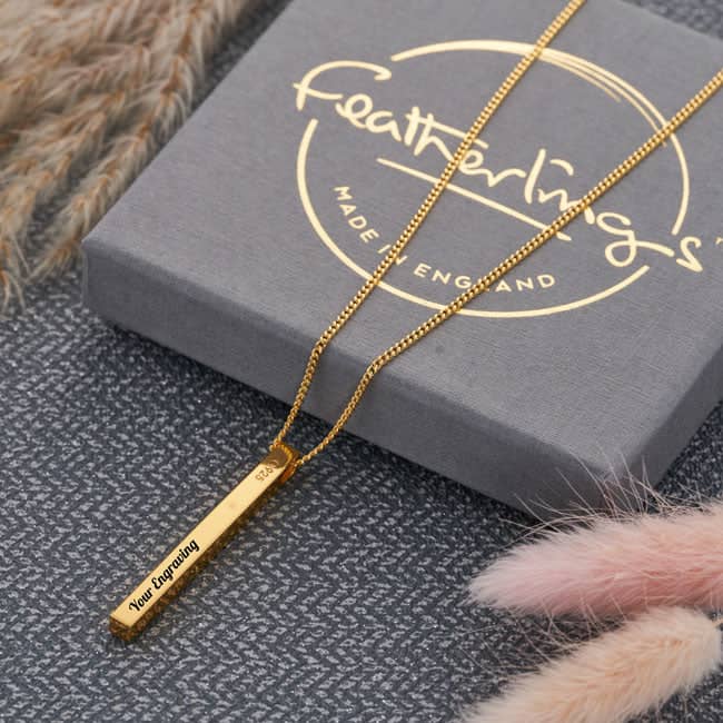 Gold Engraved Bar Necklace | Handwriting | Featherlings UK