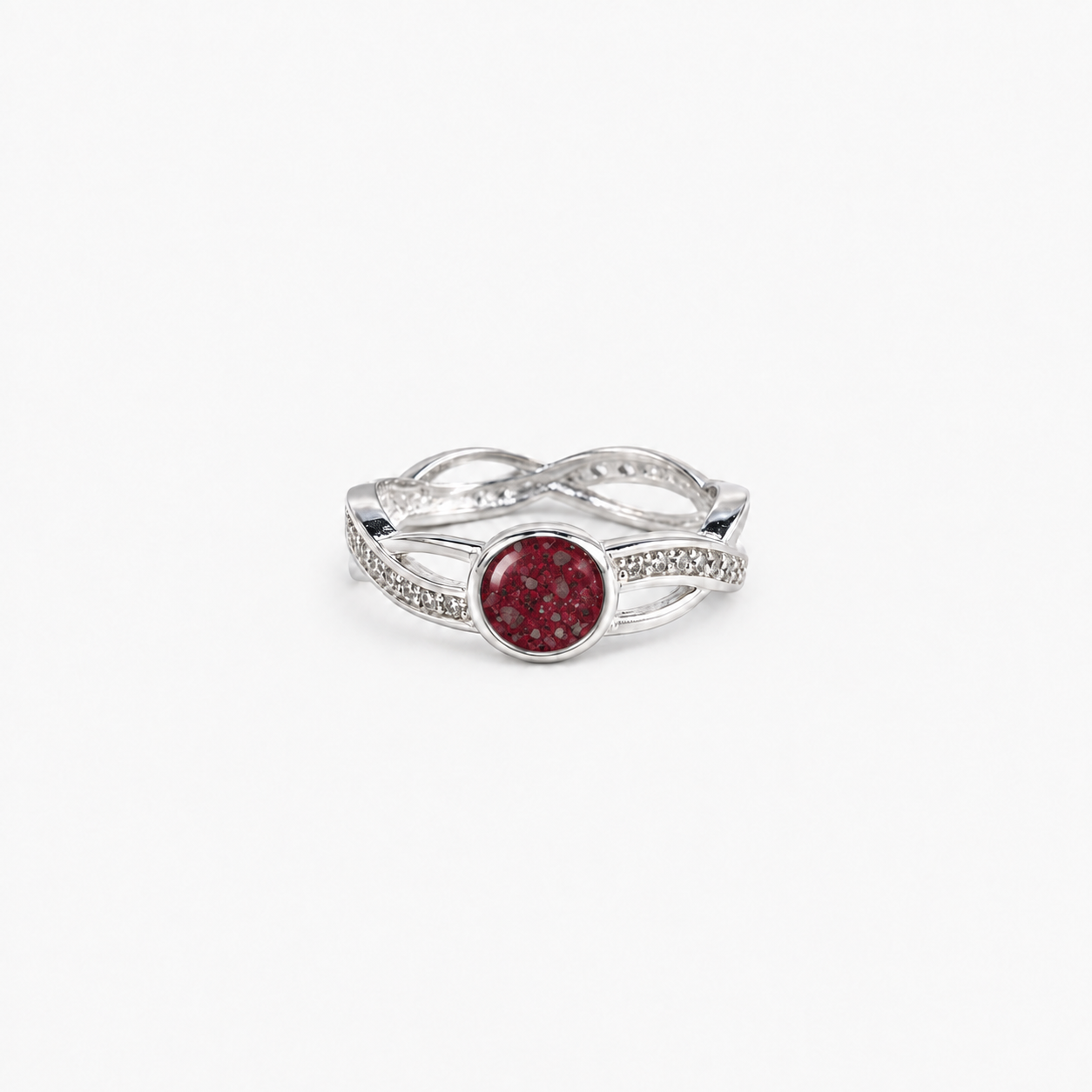 Entwined Ashes Ring — Ruby Red, visible ashes