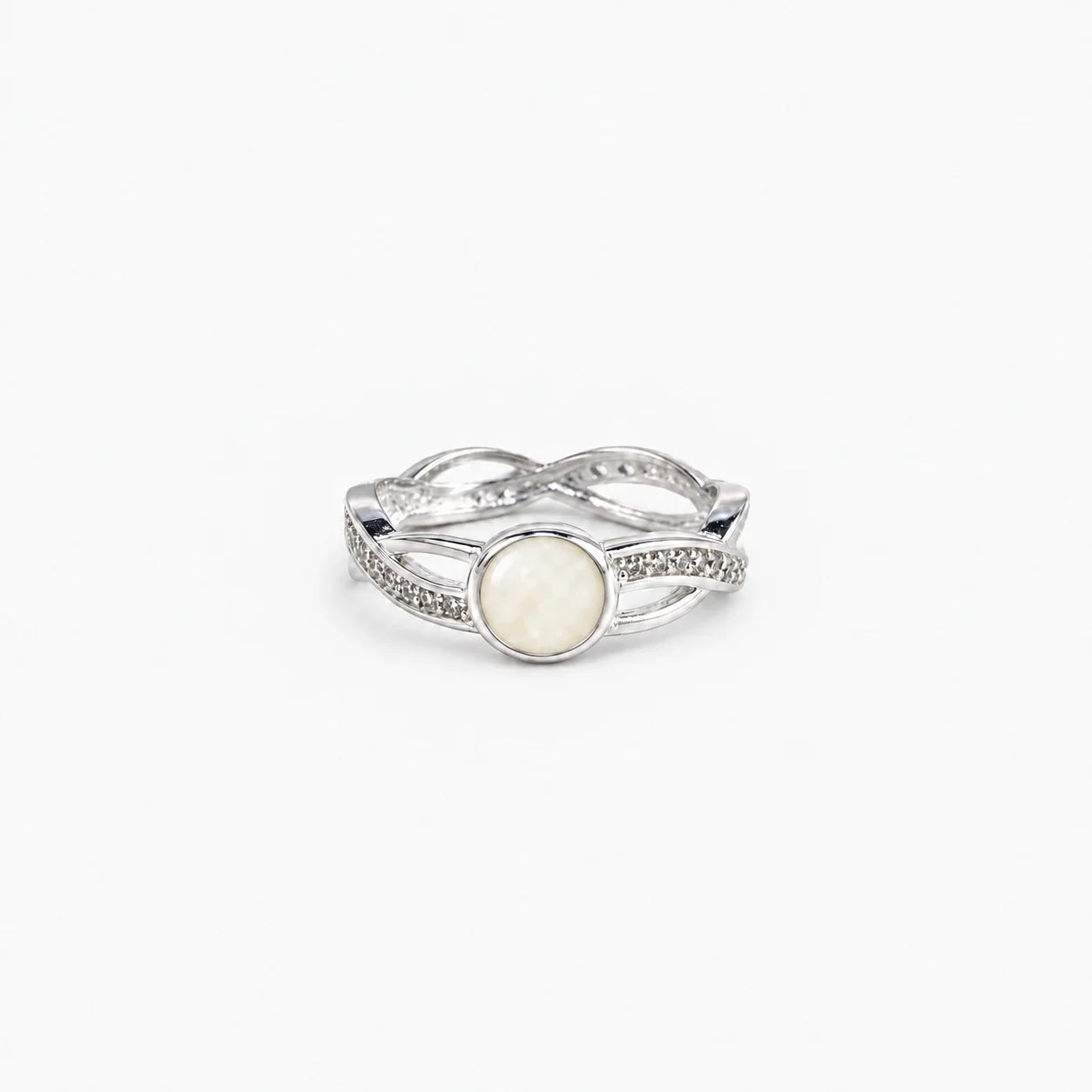 Entwined Breast Milk Ring in sterling silver with natural milk resin — illustrative preview