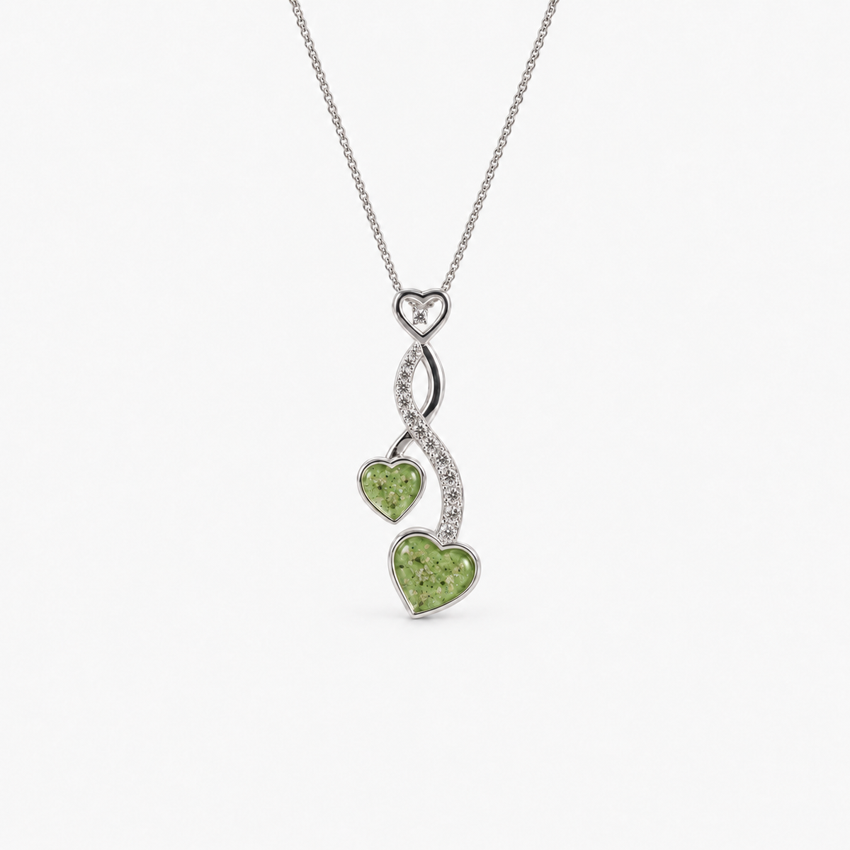 Entwined Hearts Ashes Necklace — Apple Green, visible ashes