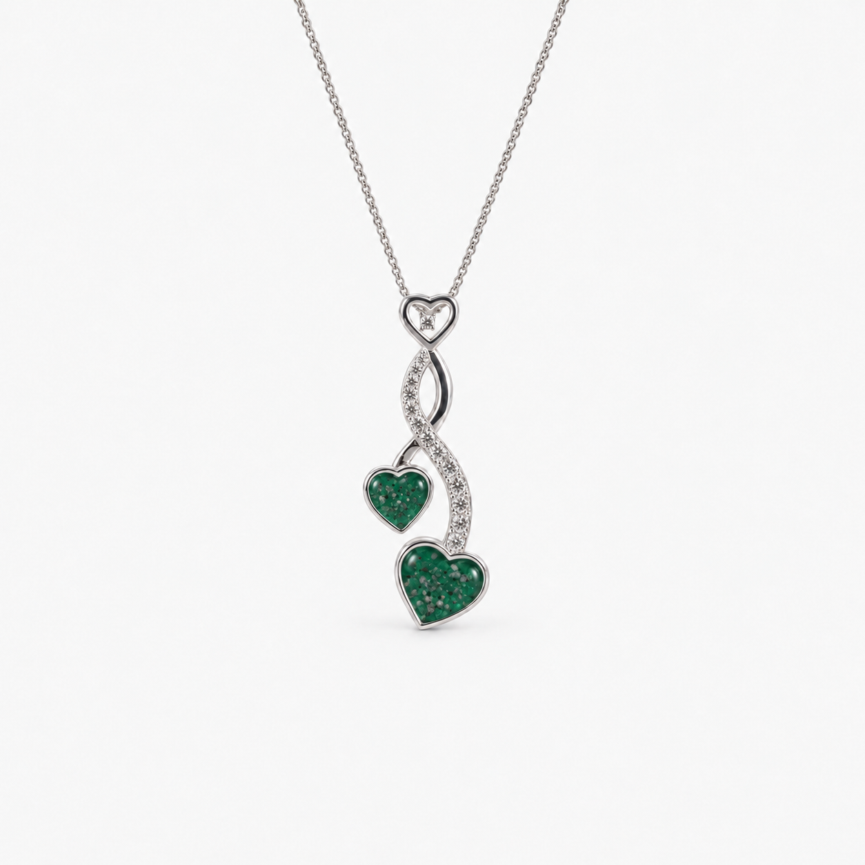 Entwined Hearts Ashes Necklace — Emerald, visible ashes