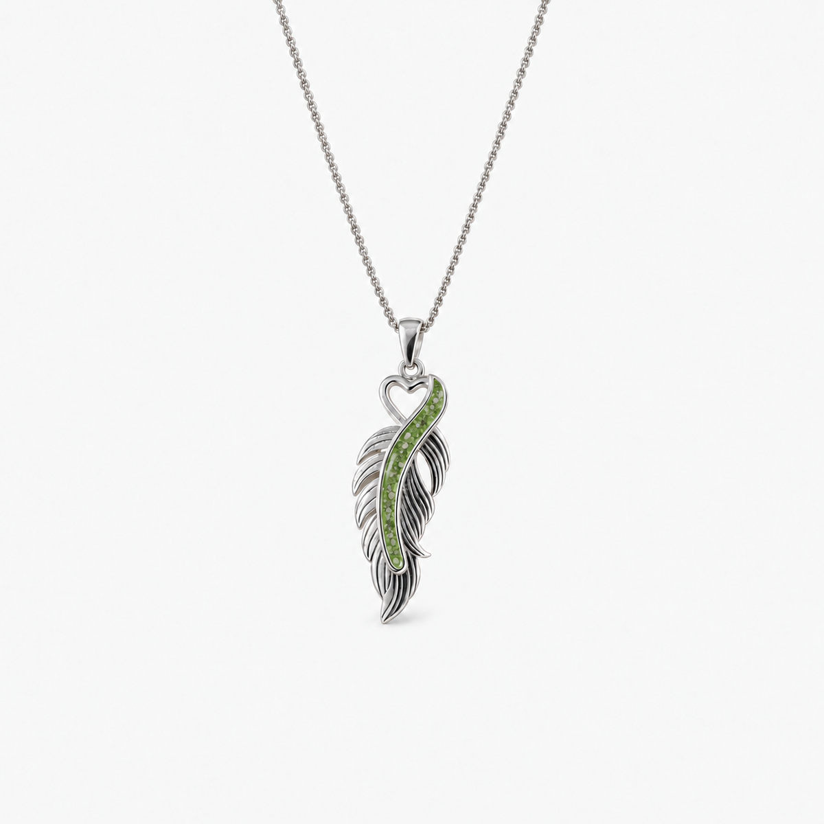 Feather Ashes Necklace — Apple Green, visible ashes