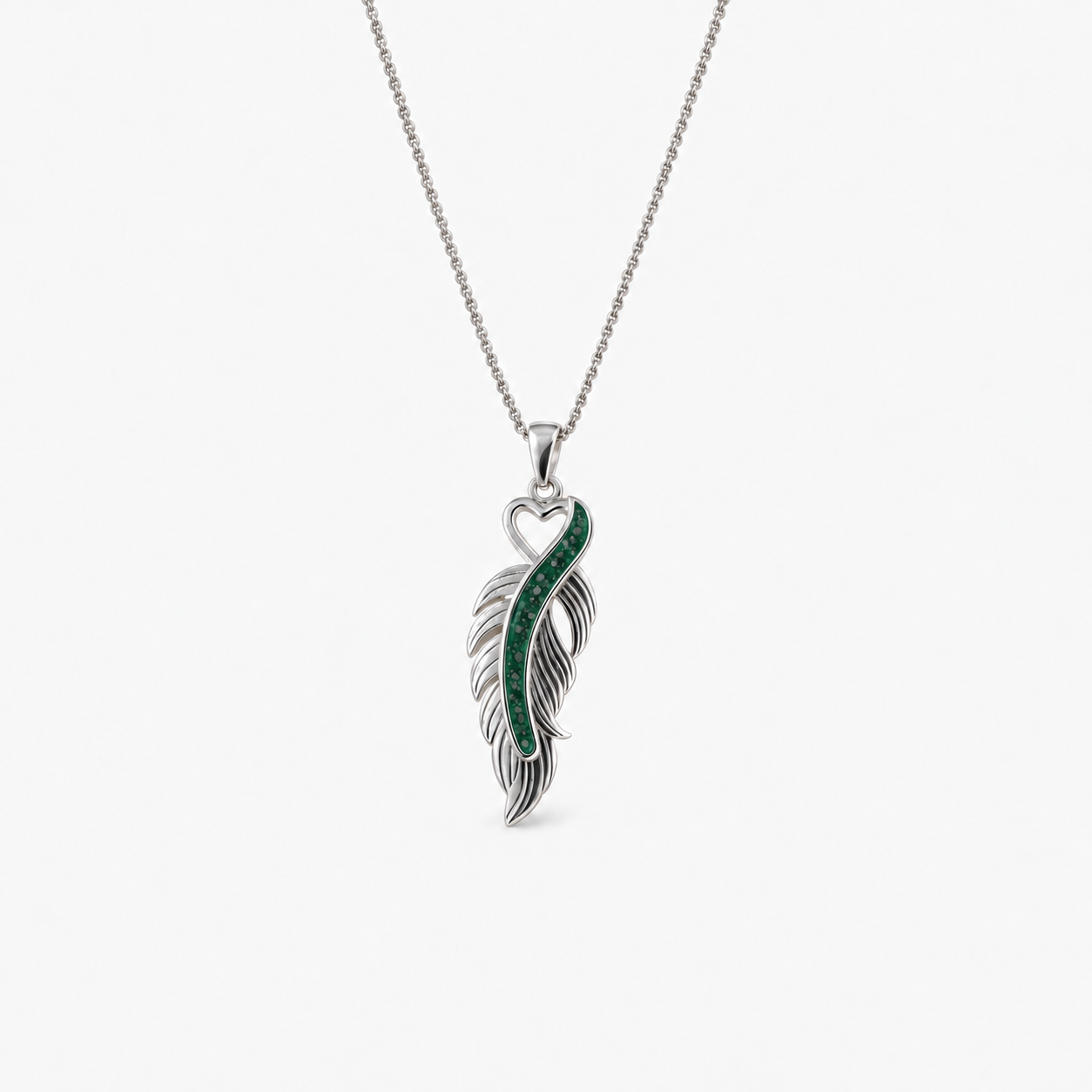 Feather Ashes Necklace — Emerald, visible ashes