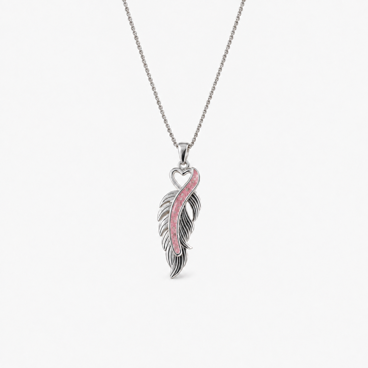 Feather Ashes Necklace — Pink, visible ashes
