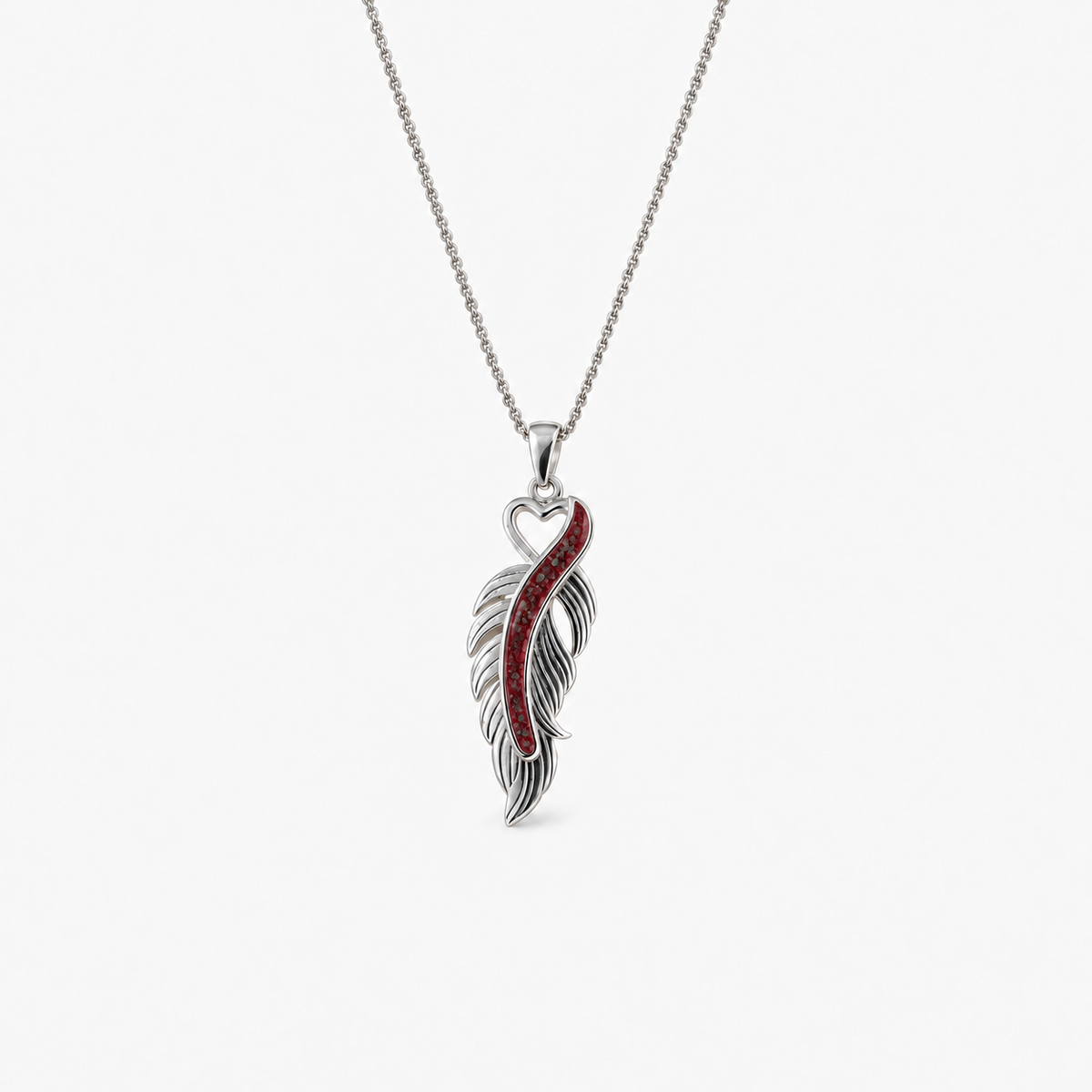 Feather Ashes Necklace — Ruby Red, visible ashes