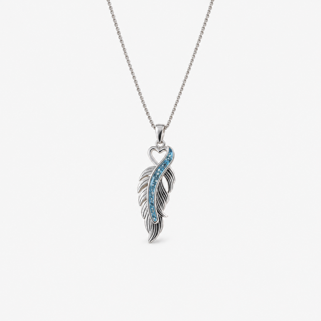 Feather Ashes Necklace — Sky Blue, visible ashes