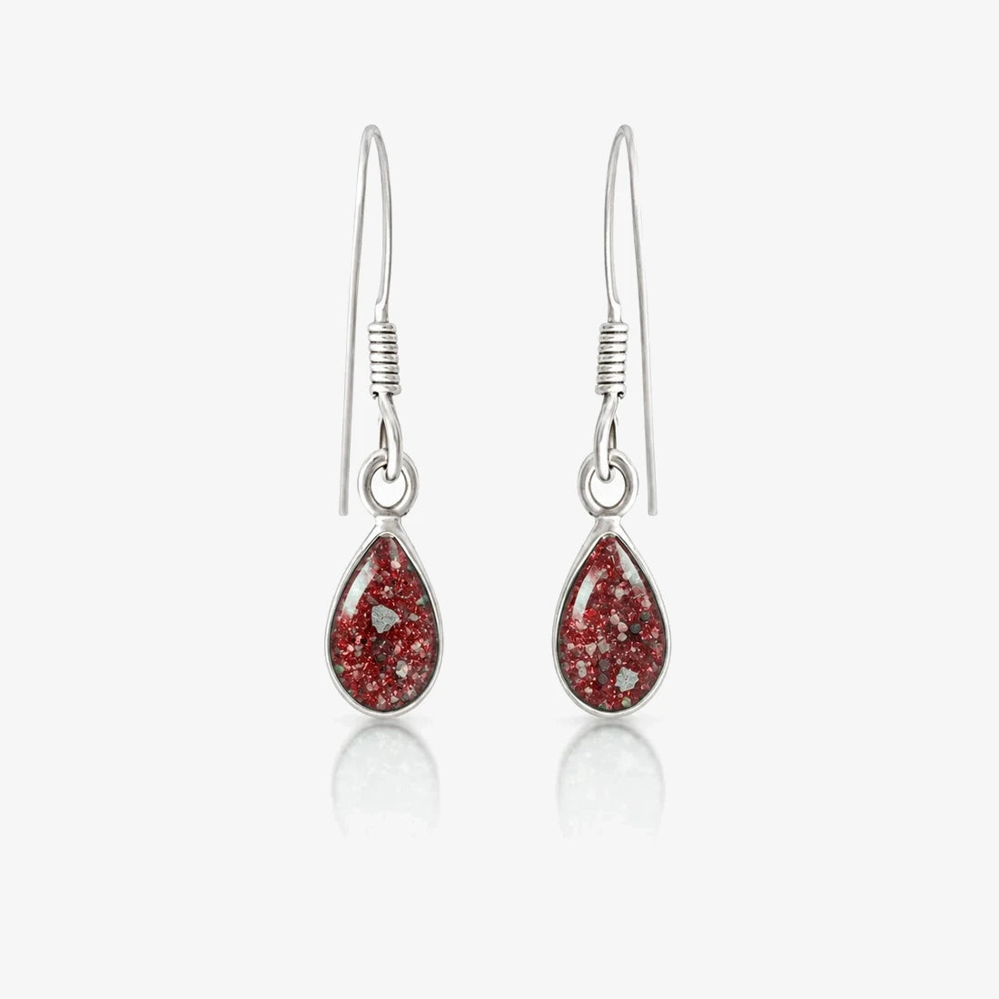 Tear Drop Ashes Earrings in Ruby Red with visible inclusions